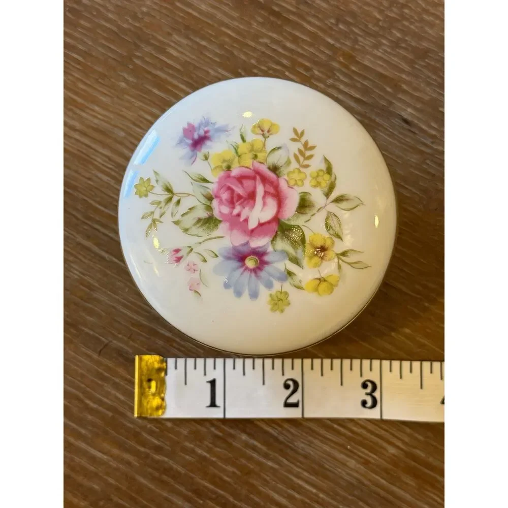 W. Rice Floral Porcelain Trinket Box with Lid Vintage Gold Rim Coquette